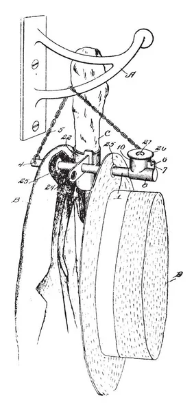 服フックは固定機械実装されたから掛けられている服 ビンテージ ライン描画または彫刻のイラスト — ストックベクタ