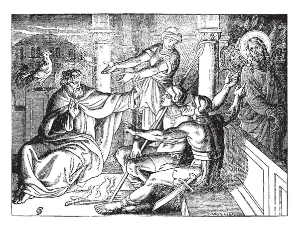 Пітер Заперечуючи Христа Сцена Показує Ісуса Сидить Одній Стороні Група — стоковий вектор