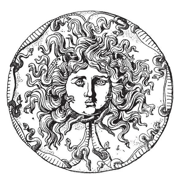 ファルネーゼ メデューサの頭料理はオニキス パテラや黒皿 それはローマのデザイン ヴィンテージの線描画や彫刻イラスト — ストックベクタ