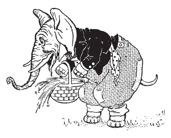 Slon Tento Obrázek Ukazuje Slona Lidské Šaty Držící Košík Vintage — Stockový vektor