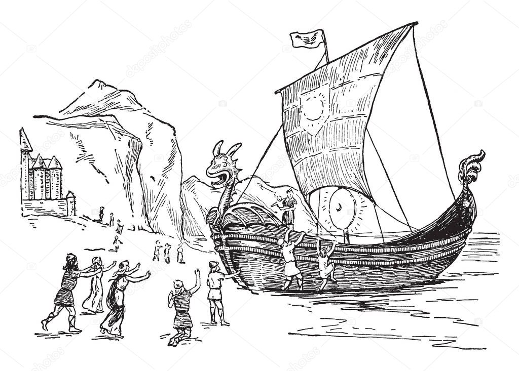 The lady is seen holding the baby in her hands in the ship. As per Norse mythology, it is said that this ship arrives sailing by itself and baby is Vali, the sunshine god, vintage line drawing or engraving illustration.