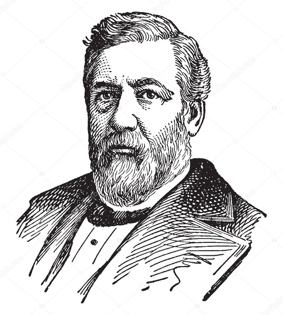 James Gillespie Blaine, 1830-1893, he was an American statesman, politician, U.S. senator from Maine, and speaker of the  of representatives, vintage line drawing or engraving illustration