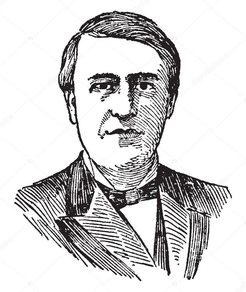 Thomas A. Edison, 1847-1931, he was an American inventor, businessman, and one of the first inventors to apply the principles of mass production, vintage line drawing or engraving illustration