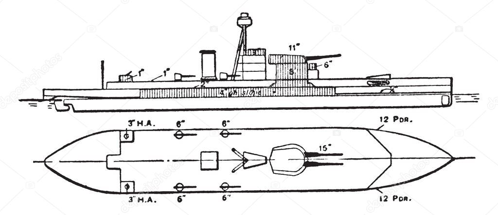 British Royal Navy HMS Erebus Battleship ship has a coal steam engine powering six boilers and sailing masts, vintage line drawing or engraving illustration.
