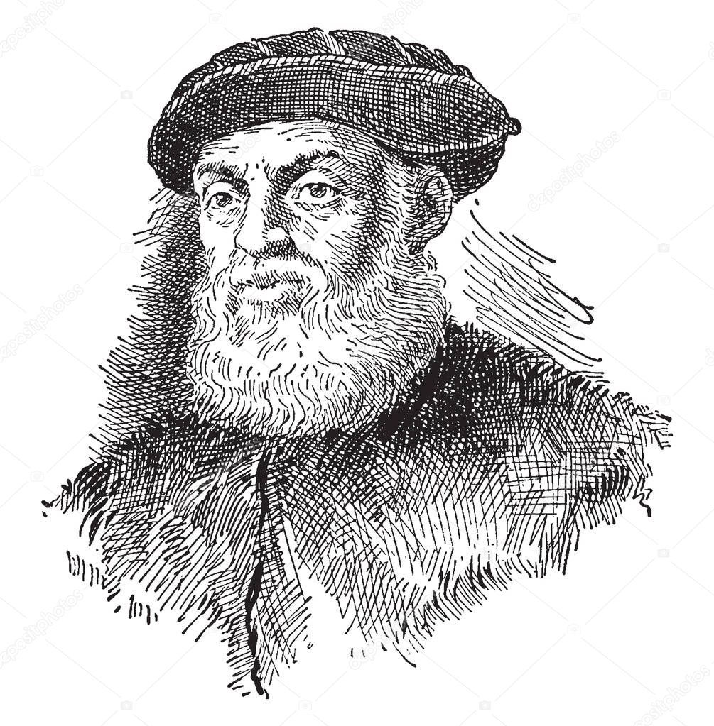 Ferdinand Magellan, c. 1480-1521, he was a Portuguese explorer who organised the Spanish expedition to the East Indies from 1519 to 1522, vintage line drawing or engraving illustration