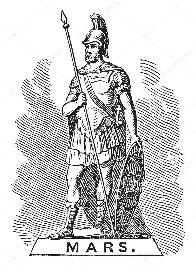 A statue of Mars who was god of war in ancient roman religion and myth, vintage line drawing or engraving illustration.