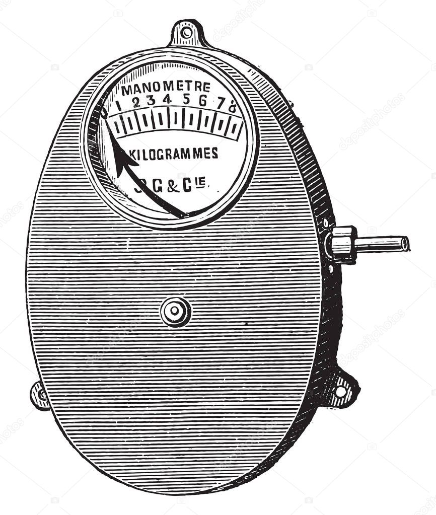 Metal gauge, Bourdon for fixed boilers, vintage engraved illustration. Industrial encyclopedia E.-O. Lami - 1875