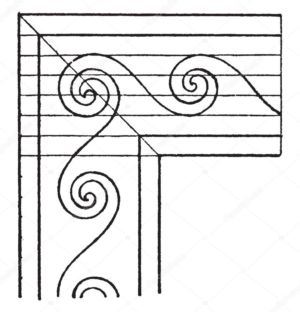 Evolute Spiral Angles is a wave pattern that mimics the wave of the sea, it is a curve is the locus of all its centers of curvature, vintage line drawing or engraving.