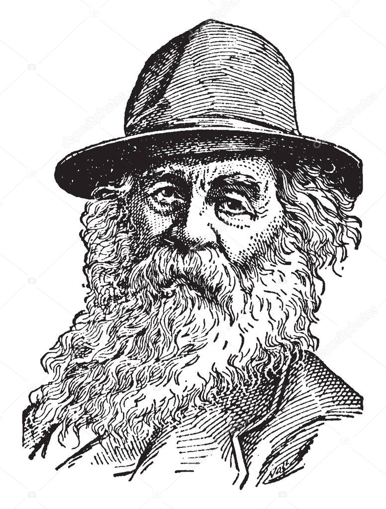 Walt Whitman, 1819-1892, he was an American poet, essayist, and journalist, vintage line drawing or engraving illustration