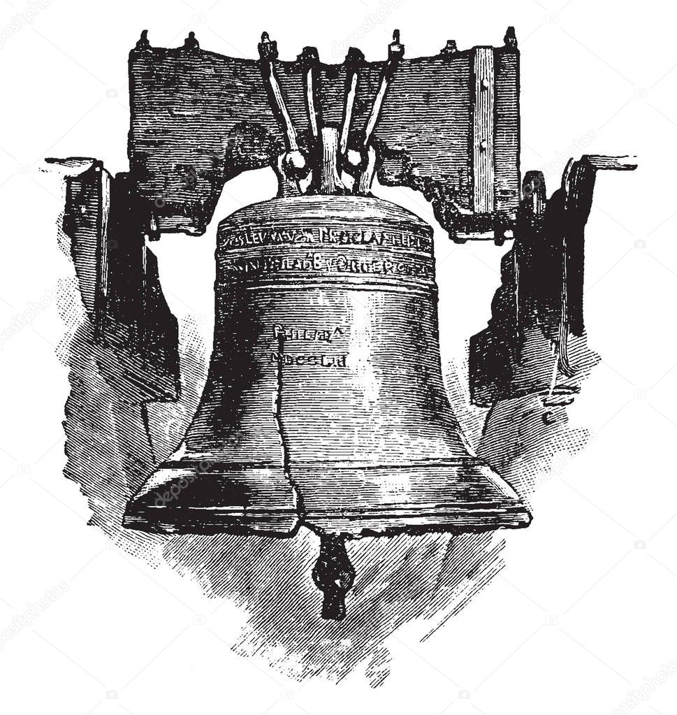 The image depicts the Liberty Bell, which is an iconic symbol of American independence, located in Philadelphia, Pennsylvania, vintage line drawing or engraving illustration.