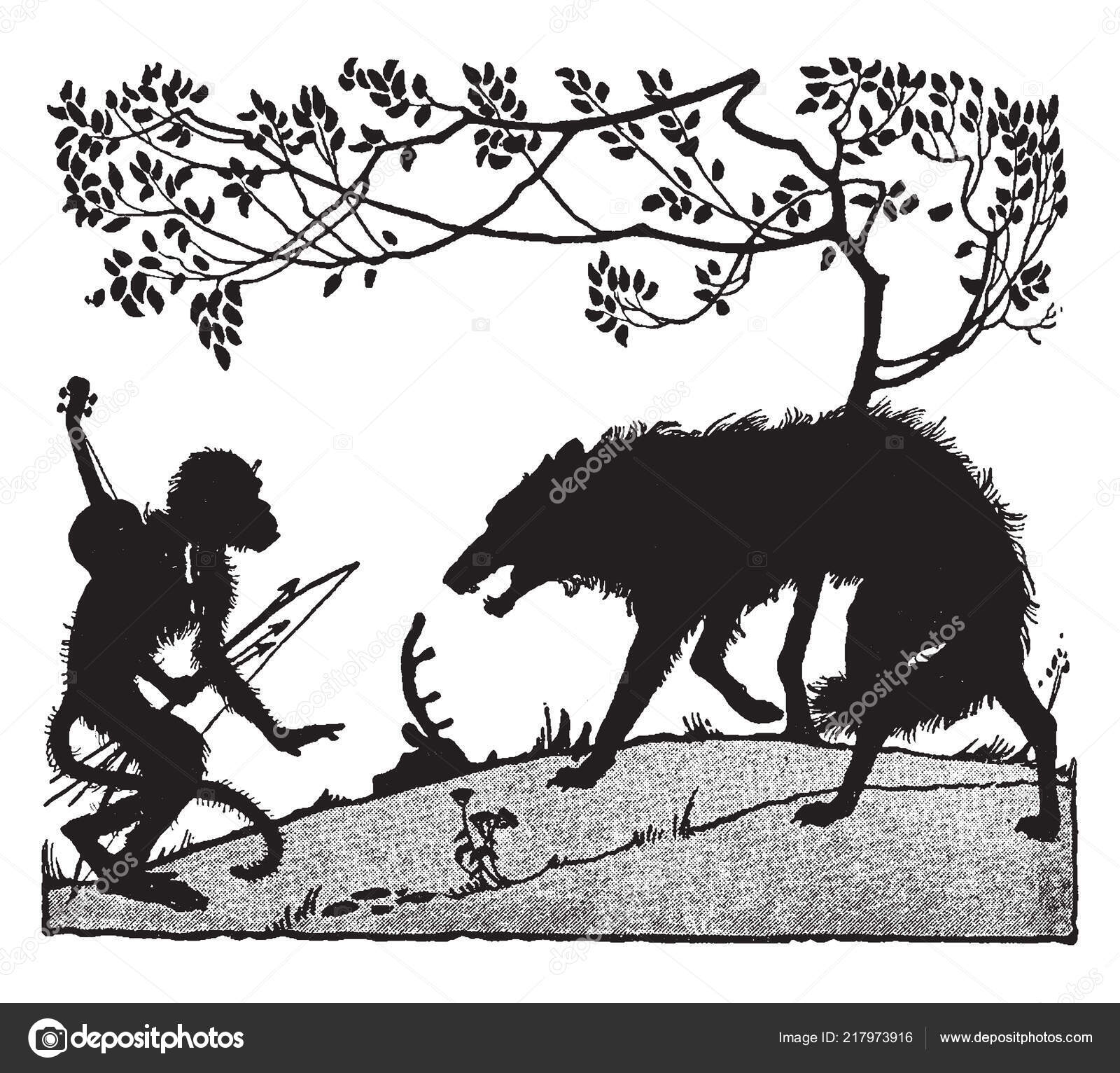 猿がバック ビンテージの線描画や彫刻イラストの木の楽器 このシーンに弓と矢と猿前のオオカミの地位と猿が示しています ストックベクター  ©Morphart 217973916, image size:1600x1532