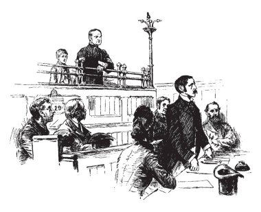 Nerede işitme bir mahkum için vintage çizim için gidiş veya illüstrasyon oyma bir mahkeme mahalli burası.