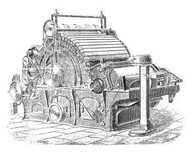 Taraklama makine ortak Dobson ve Barlow, vintage oyulmuş illüstrasyon. Endüstriyel ansiklopedi E.-O. Lami - 1875