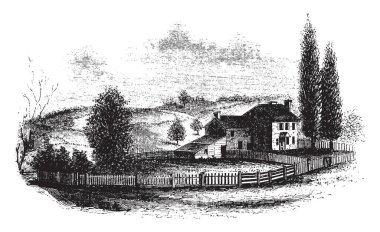 Washington'ın baş-çeyrek. Ana bina 1770 kuruldu, vintage hat çizim veya gravür illüstrasyon.