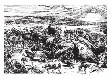 Guliver bağlı, bu sahneyi bir dev adam insanlar, bazı insanlar onun vücut ve askerleri ile spears ve çevresindeki, kalkanlar üzerinde yere vücuduna vintage çizim için sürekli veya illüstrasyon oyma merdivenler ayakta zemin bağlı gösterir