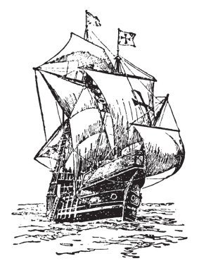 Santa Maria onun ilk yolculuk, vintage çizgi çizme veya oyma illüstrasyon Kristof Kolomb tarafından kullanılan üç gemi en büyüğü oldu.