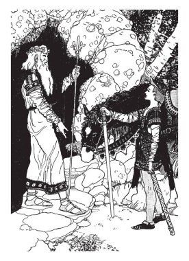 Kılıç ve at, arka plan, vintage çizgi çizme veya oyma illüstrasyon ağaçlarda erkek konuşma sopayla yaşlı bir adam