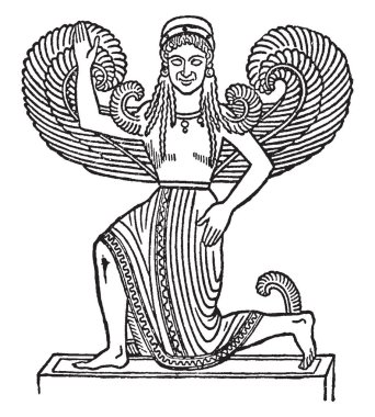 A free-standing statue of a Nike wearing a Peplos and a Chiton, leaving the bent right leg exposed, vintage line drawing or engraving illustration. clipart