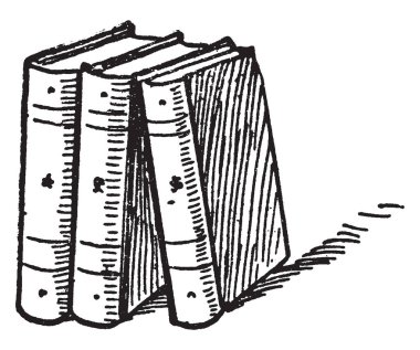 Üç kitap veya ayakta dik, kitap serisi, vintage çizgi çizme veya oyma illüstrasyon.