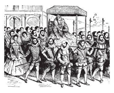 Elizabeth bir gondol sekiz adam, vintage çizgi çizme veya oyma illüstrasyon tarafından yürütülmektedir.