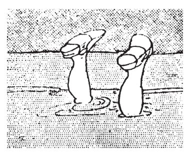 Batan su, su, vintage çizgi çizme veya oyma illüstrasyon yukarıda bacaklar bir çocuk