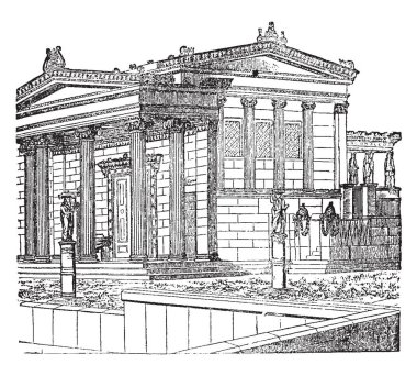 Erekhtheion, Parthenon kadar Peloponez Savaşı, vintage çizgi çizme veya oyma illüstrasyon dışarı açan, önceki yıl başladı yeni Erekhtheion bina geri.