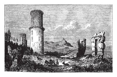 Godesburg Bonn, Bonn, tepenin volkanik kökenli, vintage çizgi çizme veya oyma illüstrasyon eskiden bağımsız bölümü biraz mesafe vardır.