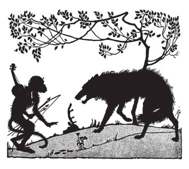 Maymun, bu sahne yay ve oklar ve kurt ayakta önünde maymun, maymun maymun geri, ağaç arka plan, vintage çizgi çizme veya oyma illüstrasyon müzik aleti olan gösterir