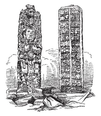 Taş nerede ön ve arka taş Idol Copan Orta Amerika, vintage çizgi çizme veya oyma resimde bulunan Idol.