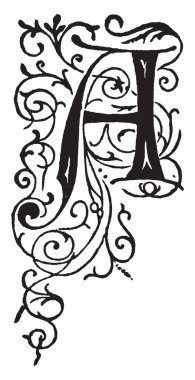 Üzüm ve yaprakları, vintage çizgi çizme veya oyma illüstrasyon ile dekoratif bir büyük harf A