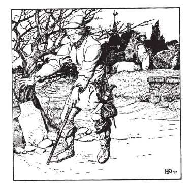 Kör adam sopayla adam gözlerini bezle berabere ve sopa yardımıyla onun yolda yürürken, o bıçak onun arkasında onun cebinde bir at binicisi ve bir kilise, vintage çizgi çizme veya oyma illüstrasyon.