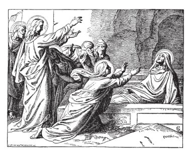 Biri oturma ve elleri, diğer insanların İsa, vintage çizim için ayakta veya illüstrasyon oyma yükselterek İsa bu sahneyi yükselterek, Lazarus, gösterir