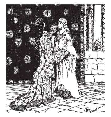 Guinevere ve Enid, bu sahne gösterir iki kadın doğru karşı karşıya duran, bir kadın başka bir dişinin omuz, vintage çizgi çizme veya oyma resimde iki elle tutulur taç giydi