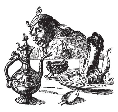 Kemik iliği, bu sahnede masanın küçük adam tablo, çay potu ve tablo, vintage çizgi çizme veya oyma illüstrasyon kalmasını plaka üzerinde bir dev adam gösterir.
