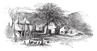 Bu resmi temsil eden bir küçük kasaba, vintage çizgi çizme veya oyma illüstrasyon olduğunu.