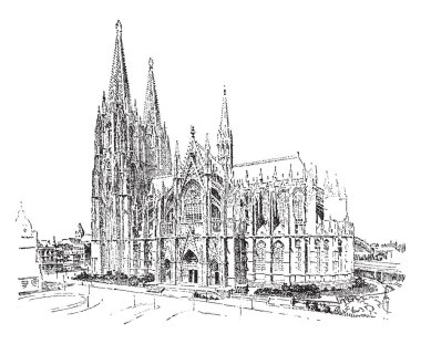 Köln Katedrali, yapı onbirinci en heybetli anıtlar, kilise, vintage çizgi çizme veya illüstrasyon oyma yüzyılda, başladı yapıldı..