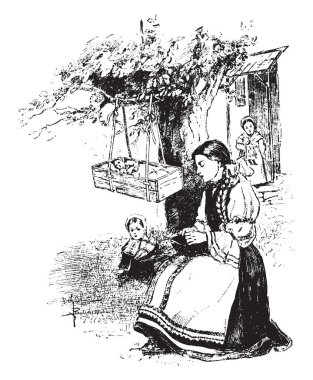 Rus köylüler ağaçlar orada burada her tarafında karayolunda, vintage çizgi çizme veya oyma illüstrasyon vardır.