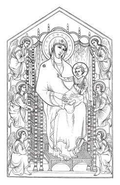 Madonna Enthroned Rucellai Şapel Floransa, vintage çizgi çizme veya oyma illüstrasyon bulunabilir.