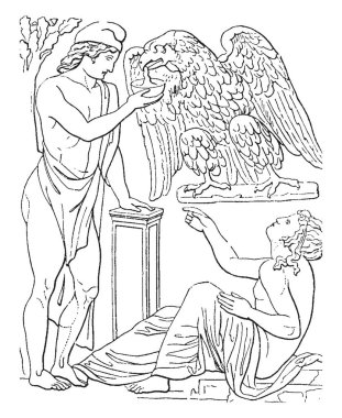 Ganymede içki kartal için vermek için gösterilen bu resimde. ve Ganymede, vintage çizgi çizme veya oyma illüstrasyon görmek için bir kişi oturarak.