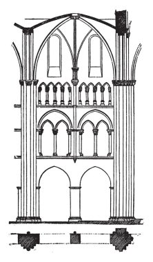 Bir Bay, Limburg Cathedral, Katedral mimarisi, koro bay, çerçeve, çerçeve, Gotik mimarisi, limburg cathedral st. George, tonoz destekler, vintage çizgi çizme veya oyma illüstrasyon.