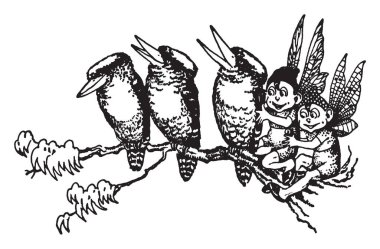 Three birds and two fairies on branch of tree, vintage line drawing or engraving illustration clipart
