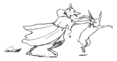 Tavşan, vintage çizgi çizme veya oyma illüstrasyon insan elbiseli fox saldırıları