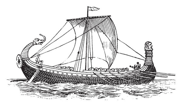 Norman ship from Bayeux Tapestry built in the traditional Viking style, vintage line drawing or engraving illustration.