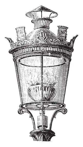 1878 年にパリの街 ビンテージの刻まれた図を照明の集中的なノズル付きランタン 産業百科事典 1875 — ストックベクタ