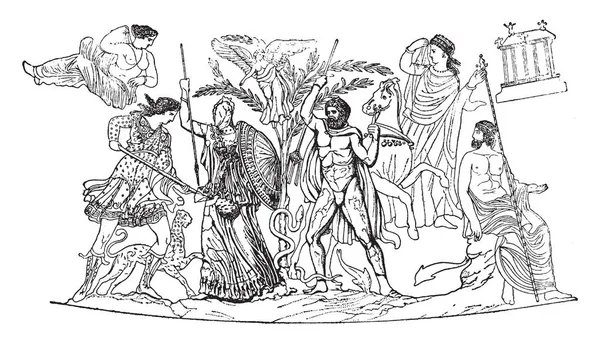 希腊女神穿着战争礼服 长矛和蛇与人在战场上战斗 复古线画或雕刻插图 — 图库矢量图片