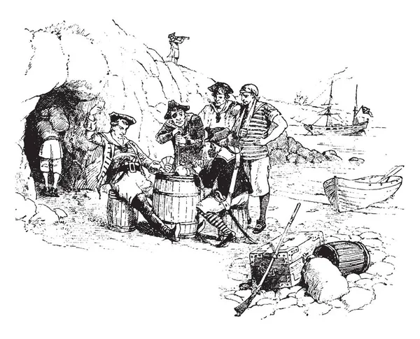 海盗在洞穴外打牌 复古线画或雕刻插图 — 图库矢量图片