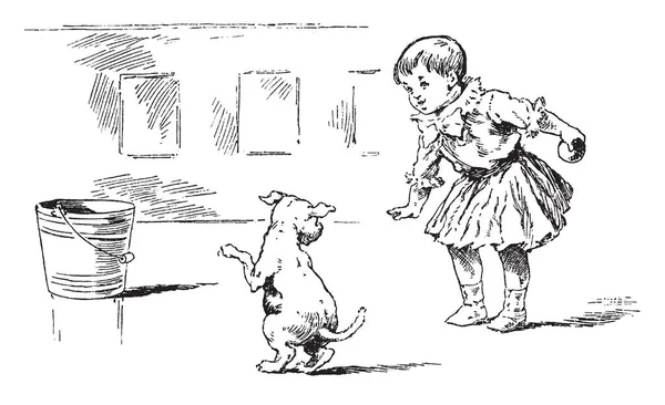 Buscar Brincar Com Uma Criança Cachorro Desenho Linha Vintage Gravura — Vetor de Stock