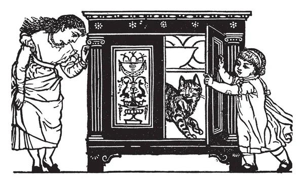 猫在橱柜里 这个场景显示两个女孩站在橱柜两侧 一个女孩打开橱柜门 发现猫在橱柜 复古线条画或雕刻插图 — 图库矢量图片