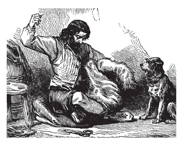 罗宾逊做了一件外套 这一幕显示一个老人坐在地上做外套 狗站在地上 老式的线条画或雕刻插图 — 图库矢量图片