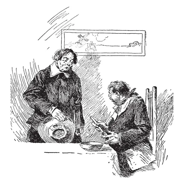 克伯科克 这一幕显示 一名男子坐在饭桌上吃饭 另一名男子站在他身边与他交谈 复古线条画或雕刻插图 — 图库矢量图片